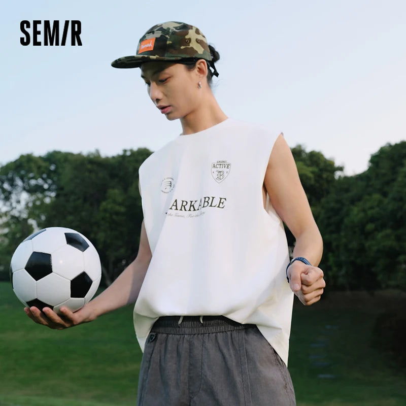 Semir Mens Vest 2026 American Sports Sleeveless Knitted Pure Cotton Simple Printed Commute