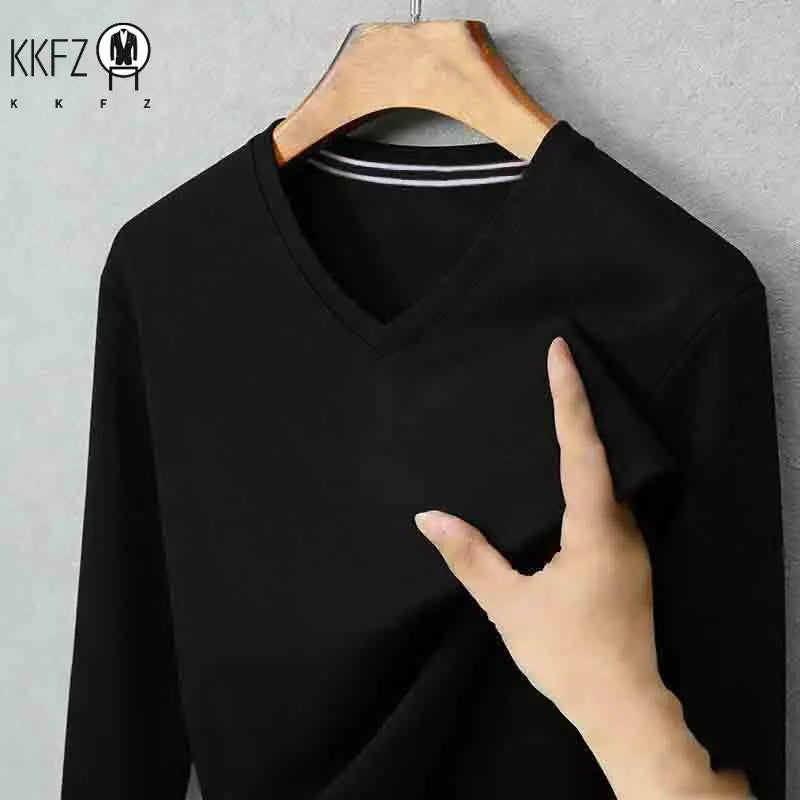 Men's Camel V-neck Long Sleeve Tee Slim Fit Soft Knit Pullover Spring & Autumn Shirt