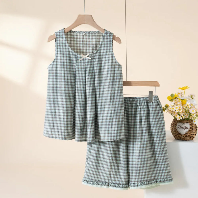 Summer Women Pajama Sets Plaid Print Pijama 2 Pieces Sleepwear for Sleeping Lounge Wear Sleeveless Top Shorts Nightwear Suits