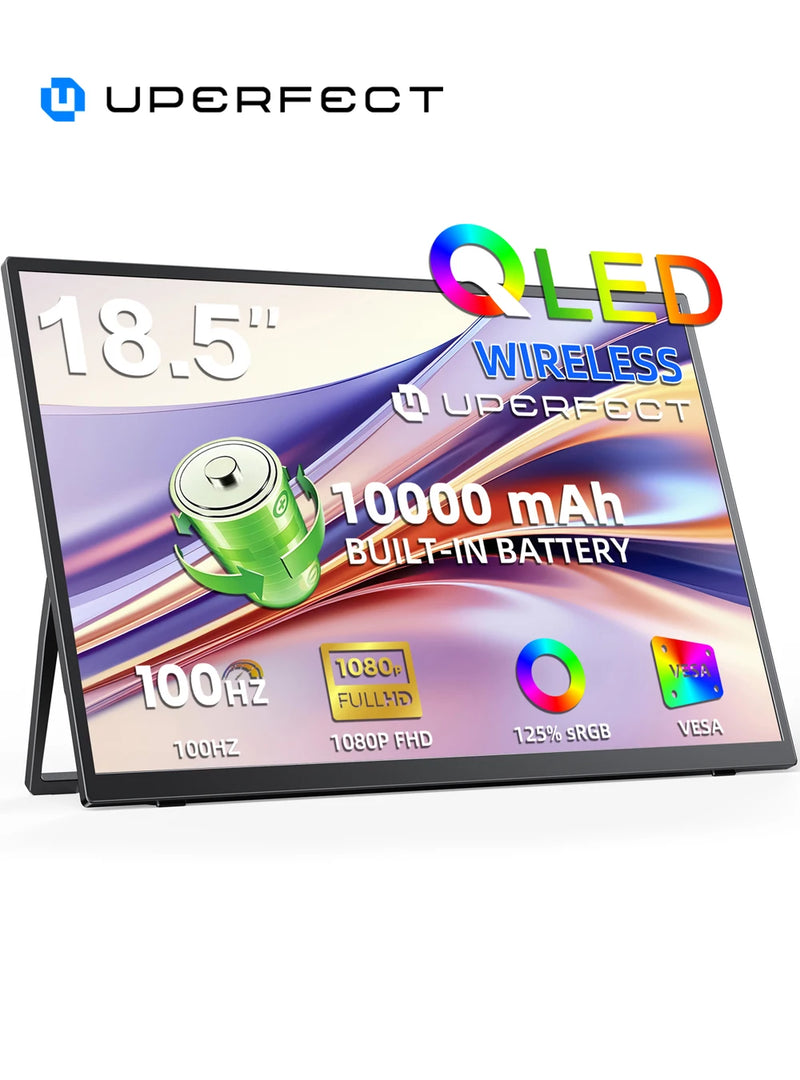 ម៉ូនីទ័រចល័តឥតខ្សែ UPERFECT មានថ្ម 10000mAh ភ្ជាប់មកជាមួយ អេក្រង់ទំហំ 18.5 អ៊ីញ FHD 1080P សម្រាប់ AirPlay Mirroring Screen សម្រាប់ទូរស័ព្ទកុំព្យូទ័រ