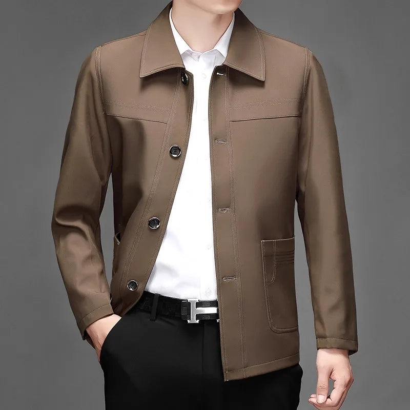 2026 New Men's Red Long-sleeve Collared Jacket, Black Single-breasted Casual Coat, Navy and Khaki Tops.