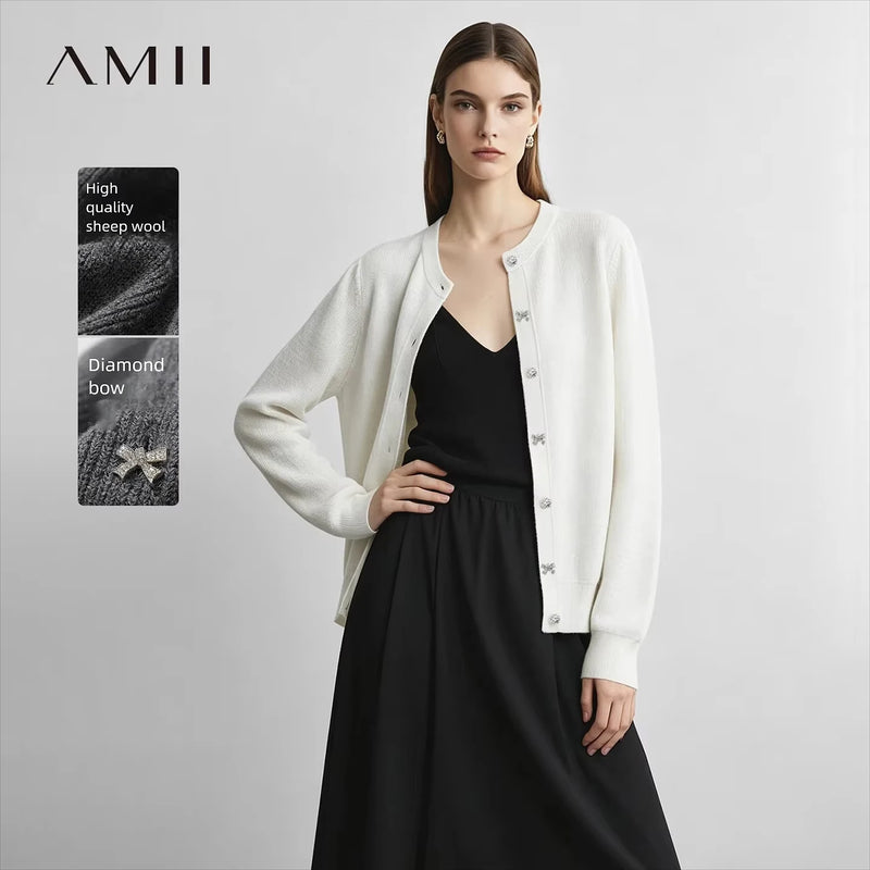អាវកាឌីហ្គែន Amii កមូល ប៊ូតុងខាងមុខ រលុង រាងស្លីម ដៃវែង សម្លៀកបំពាក់សម្រាប់នារី រដូវស្លឹកឈើជ្រុះ 12623148