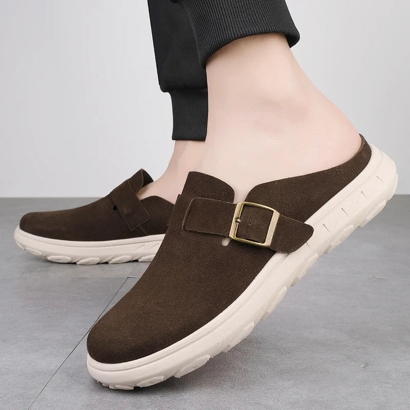 Men's Trendy Platform Clogs Mules Adjustable Buckle Suede Backless Shoes Lightweight Casual Slides for Men Summer Beach/Travel