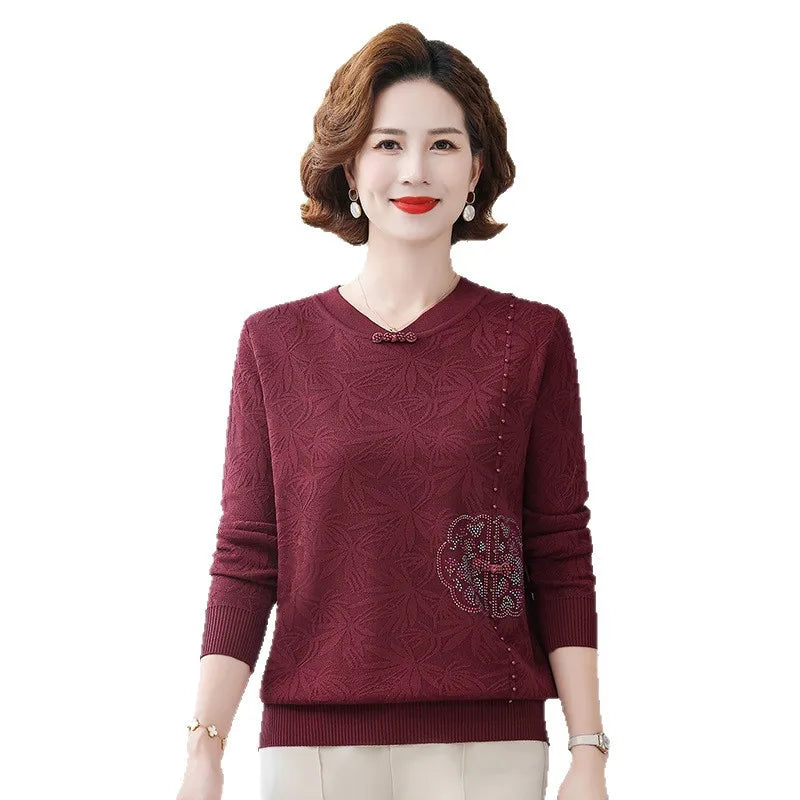 Sweater Women Trends 2025 Vintage Print Middle Aged Mother Pullover Tops Spring Autumn Woolen Jumper Knitwear Female Clothing