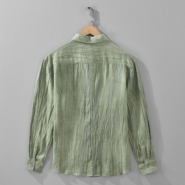 Autumn New Vintage Ramie Lyocell Pleated Long Sleeve Shirt for Men Clothing Turn-down Collar Versatile Streetwear EC2515
