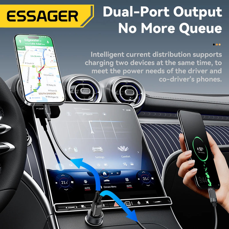 Essager 30W Mini Car Charger PD3.0 QC3.0 Quick Charge Type C Car Charger PD 22.5W Fast Charging For Huawei Xiaomi Oneplus iPhone