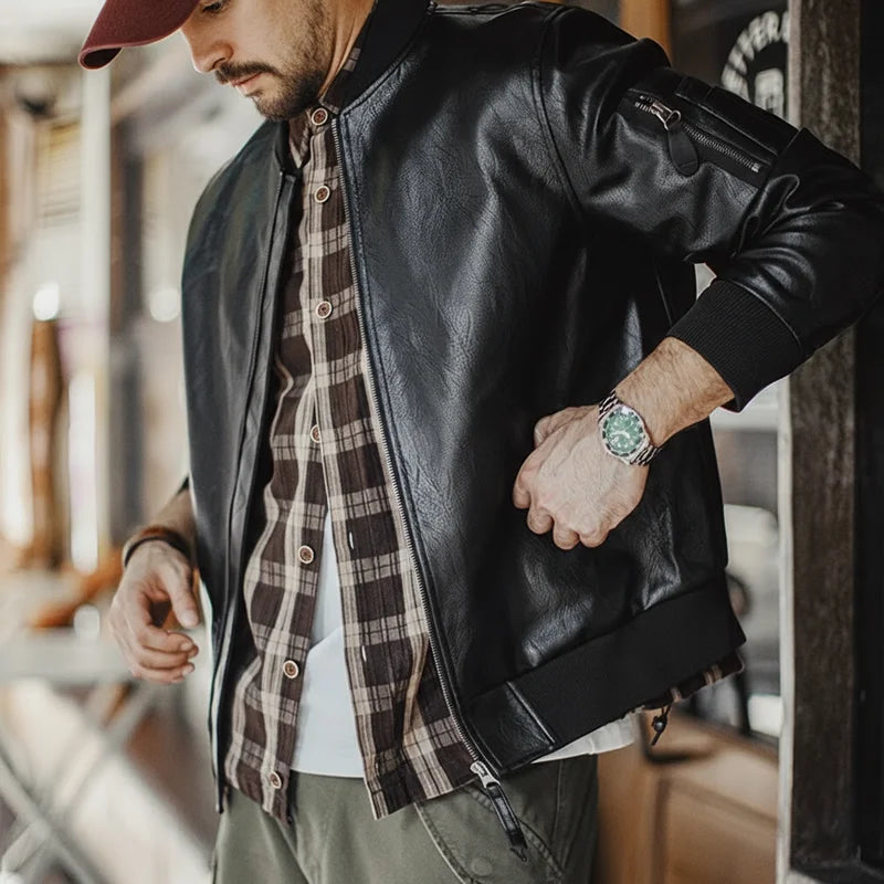 Maden Vintage Men's MA1 Leather Jacket Black Pilot Bomber Jacket Short Zip-up Pocket Baseball Coat Outerwear for Fall Streetwear