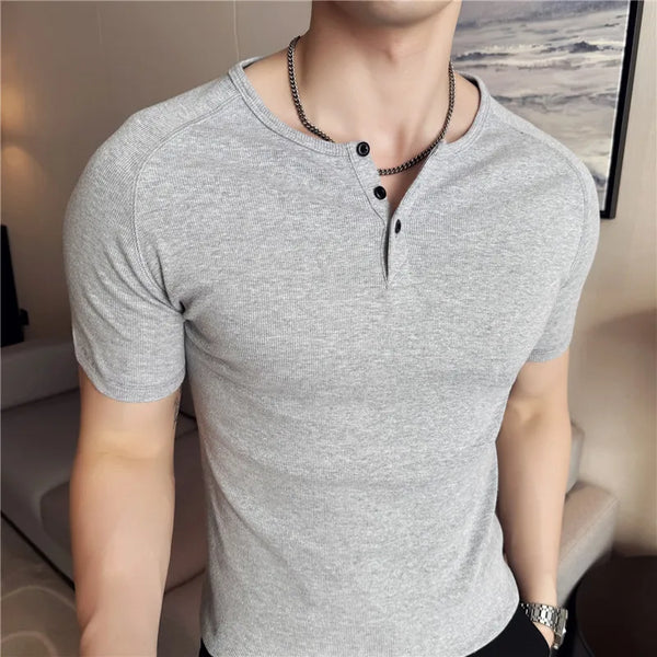 Men's Slim Fit Henley T-Shirt - Summer Short Sleeve Rib Knit Gym Workout Top | Stretchy Bodybuilding Muscle Tee for Fitness