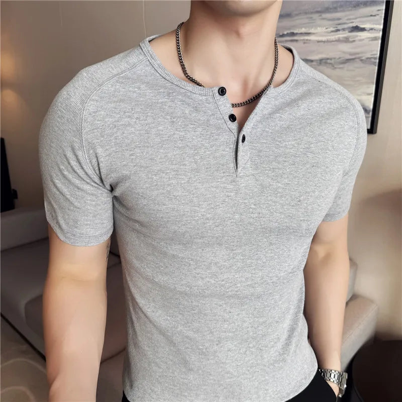Men's Slim Fit Henley T-Shirt - Summer Short Sleeve Rib Knit Gym Workout Top | Stretchy Bodybuilding Muscle Tee for Fitness