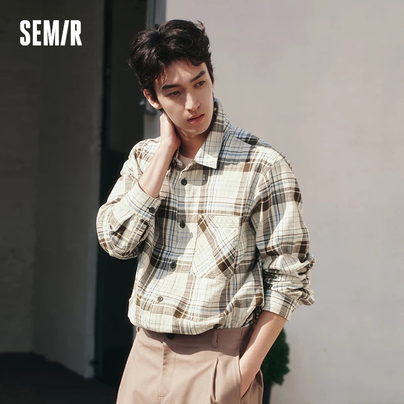 Semir Versatile Shirt Men Long Sleeve Cotton Plaid Loose Fit Lapel Casual Commute Fashion Top 2026 Spring Stylish Wear