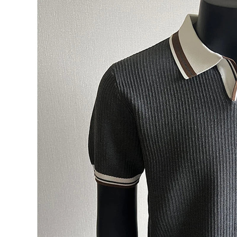 Men's Contrast Collar Polo, Old Money Style Knit Shirt,Stretchable, Breathable, Everyday Commuter Knitted Pullover.