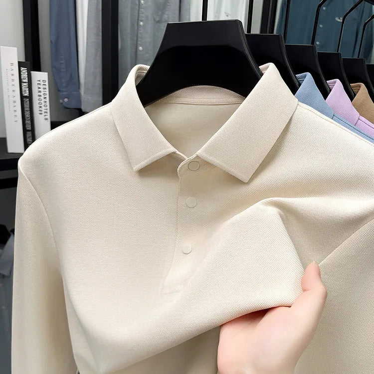 Men's Premium Long Sleeve Polo Shirt - Mercerized Pique Cotton, Seamless Collar and Cuff Design (12 Colors Available)
