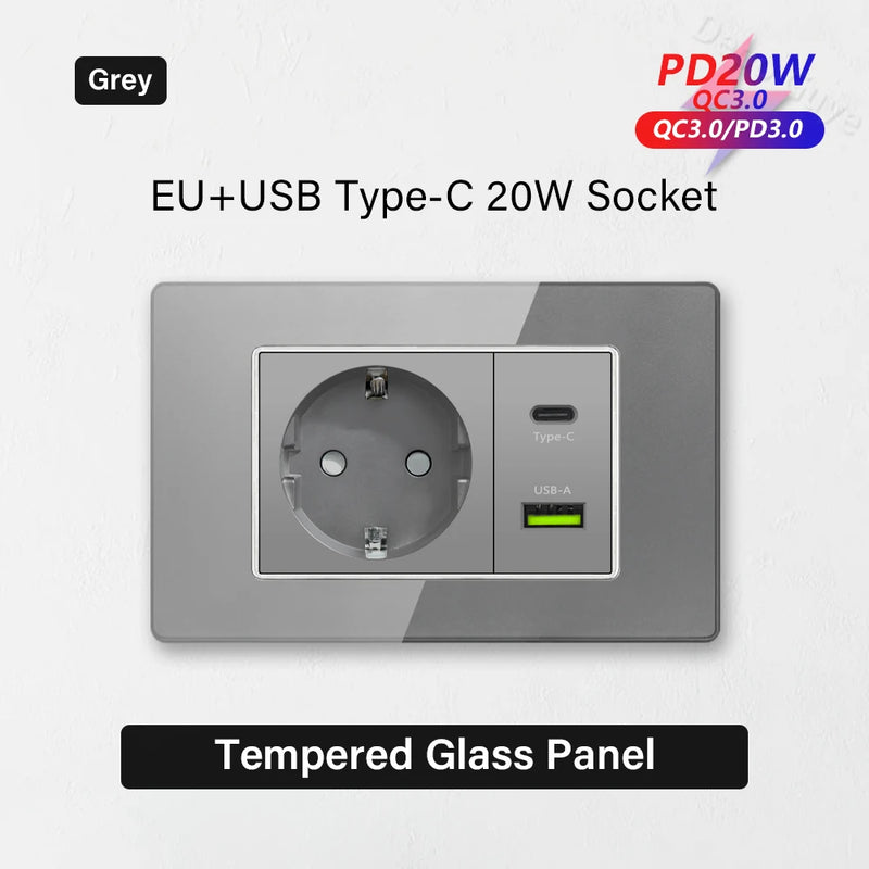 Type 118 Grey Tempered Glass Panel EU Wall Light Switch,Europe Wall Socket With USB Type-c 18W Quick Charge Outlet 118*75mm