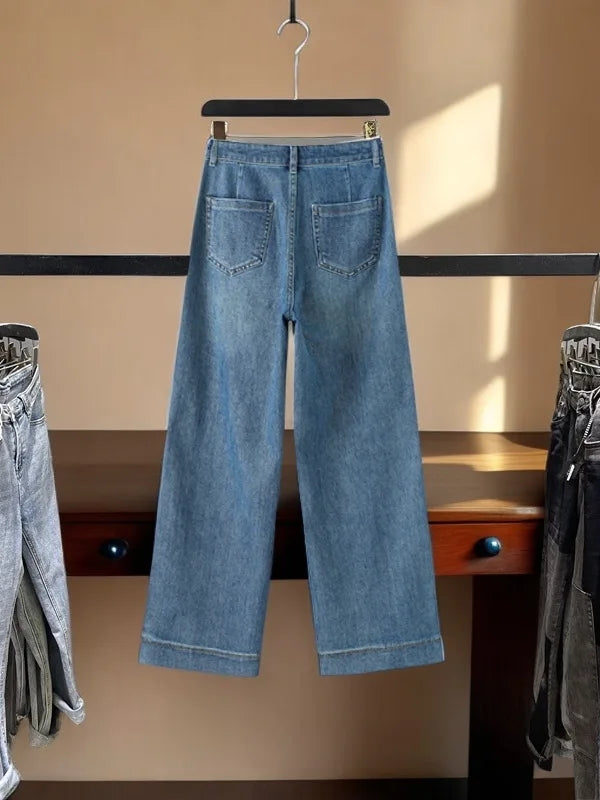 New Fall Women's Blue Wide-Leg Jeans with Embroidery, Asian Sizes, Denim Pants. 2026-2027