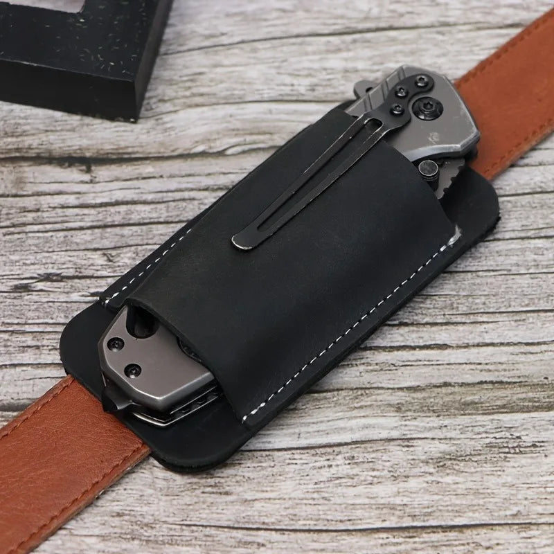 1pc Portable EDC Folding Knife Sheath, Genuine Leather Belt Mount Holder, Anti-Loss Wearproof Waist Pouch for Daily Outdoor Use