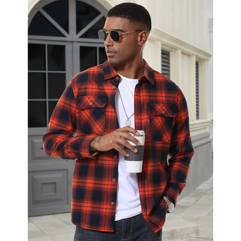 TACVASEN Casual Cotton Plaid Flannel Shirts Mens Button Up Long Sleeve Shirts 2 Chest Pocket Shirt Jacket Lightweight Coat Male