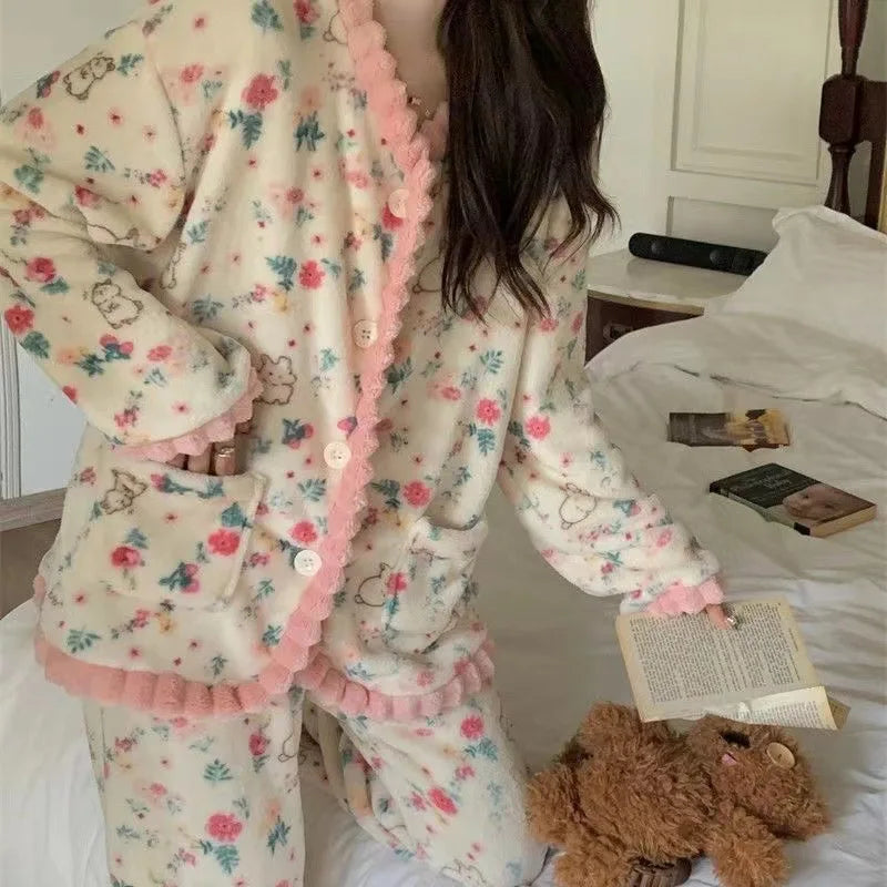 Printed Women's Winter Pajamas Flannel Korean Long Sleeve Thicken Velvet Sleepwear Set Casual Warm Coral Fleece Home Clothes