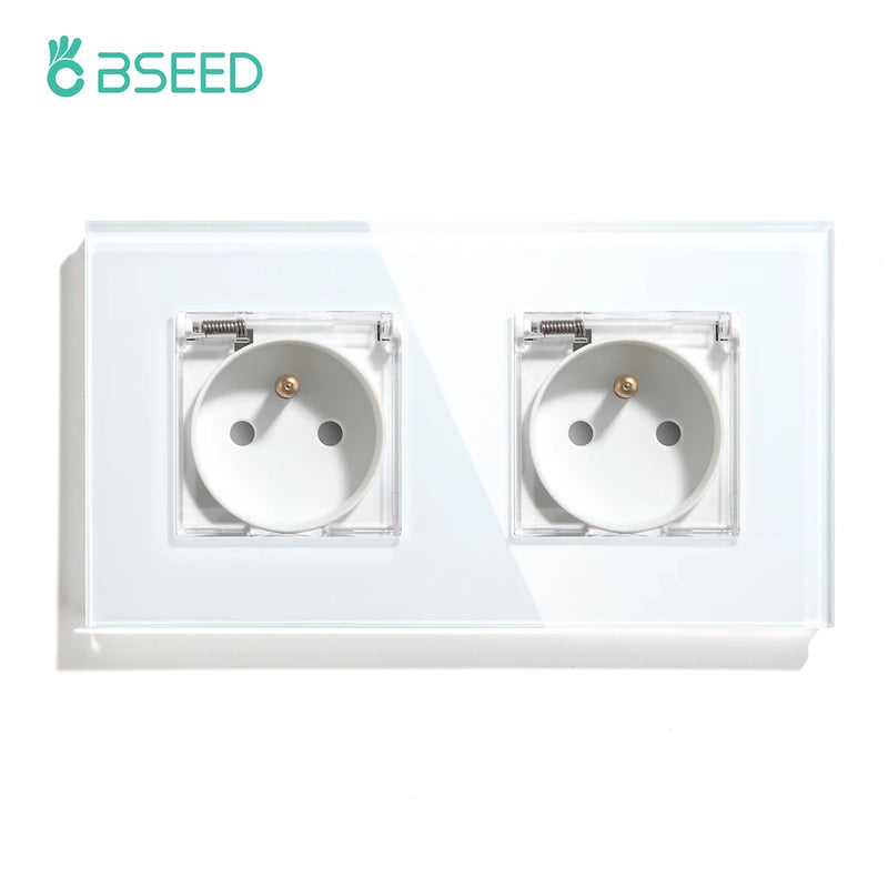 BSEED FR Standard Single Socket With Waterproof Cover Double Wall  French Outlets Triple Power Plugs 16A Glass Panel 110-250V