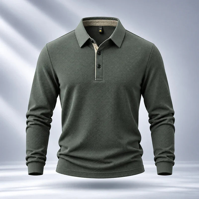 Premium Fabric Mens Polo Long Sleeve Shirt Fine Workmanship Turn Down Collar Top For Weekend Outdoor Scenes