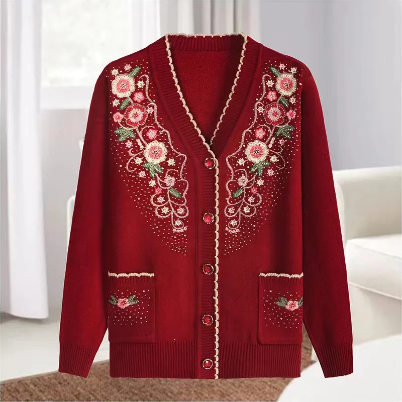 New Casual V-neck Long Sleeve Coat Female Knitted Wool Sweater Spring Autumn Middle-aged Elderly Women's Sweater Cardigan Jacket