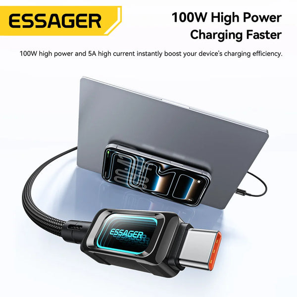 ខ្សែសាក Essager 100W USB Type C សម្រាប់ iPhone17 16 15 5A PD សាកថ្មលឿនសម្រាប់ Macbook iPad Samsung Xiaomi LED Type C ទៅ Type C Cable
