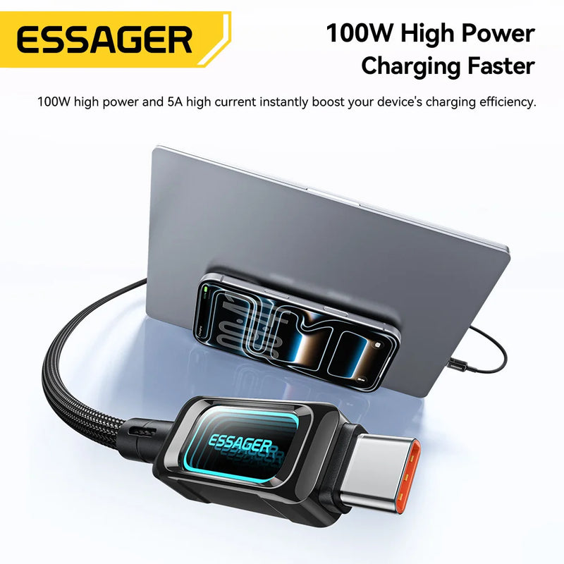 ខ្សែសាក Essager 100W USB Type C សម្រាប់ iPhone17 16 15 5A PD សាកថ្មលឿនសម្រាប់ Macbook iPad Samsung Xiaomi LED Type C ទៅ Type C Cable