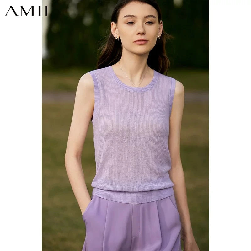 AMII Minimalism 2026 Summer New Woman Clothing Sleeveless O Neck Office Lady Knitted Female Chic Straight Camisole&Vest 72322002