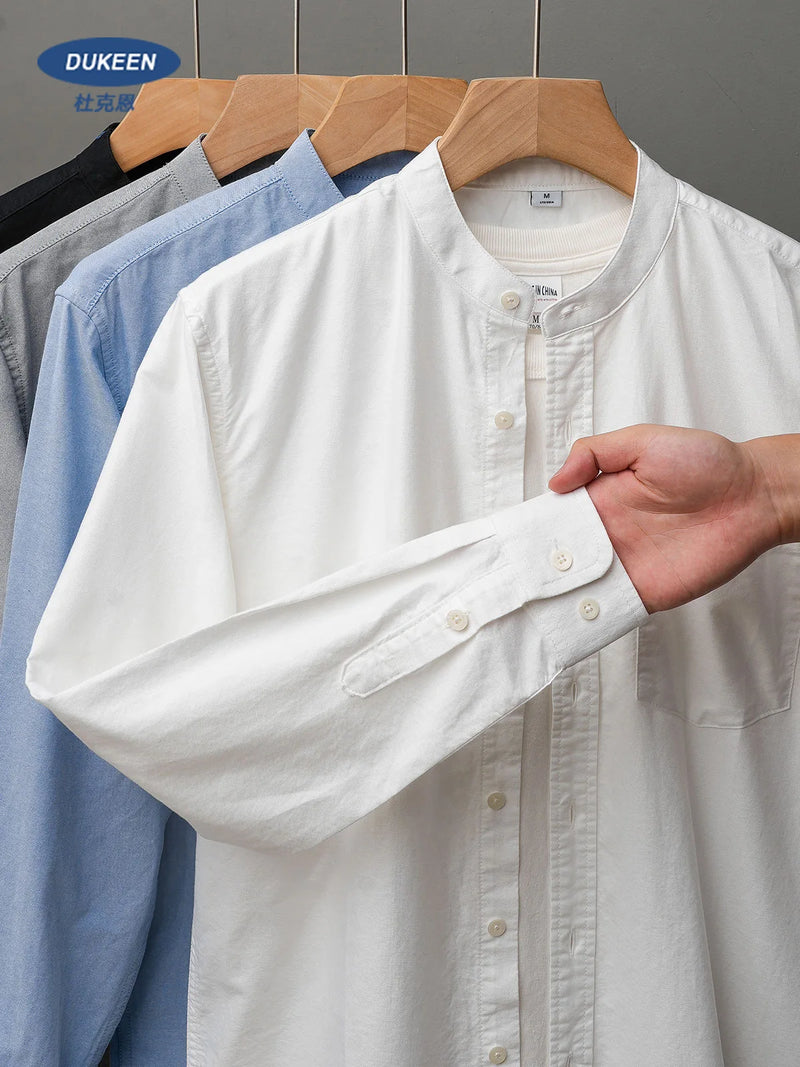 DUKEEN 100% Cotton Oxford Collarless Shirts for Men Spring and Autumn Casual Plain Long-Sleeve Blouse Men's Clothing White