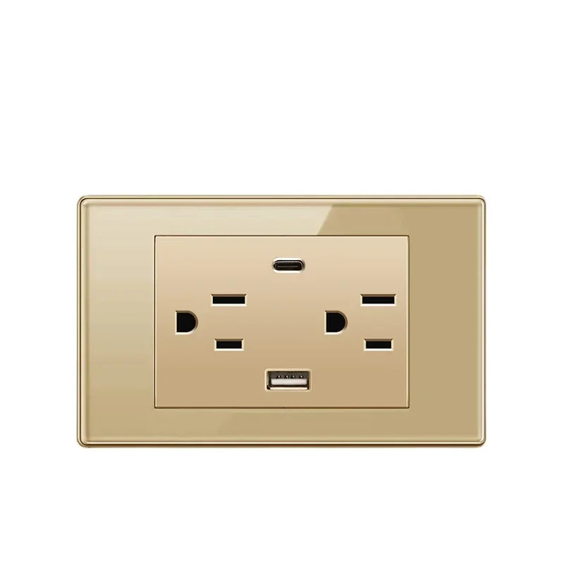 Depoguye US Mexico Wall Light Switch Socket 5V 2.1A USB Type-c Charger Plug,Golden Glass Panel American Standard Power Outlet
