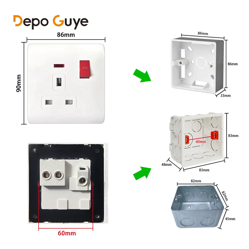 86 Type UK Standard 32A Kitchen Water Heater Electric Switch Socket Home Appliance Air conditioning Socket With Switch Control