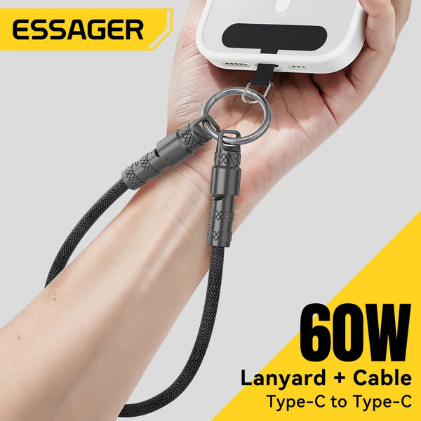 ខ្សែសាកទិន្នន័យ Essager 2 in 1 60W USB-C ទៅ Type-C Lanyard Data Cable 3A PD សាកលឿនសម្រាប់ iPhone 16 15 Samsung Huawei Laptop ខ្សែសាកប្រឆាំងការបាត់
