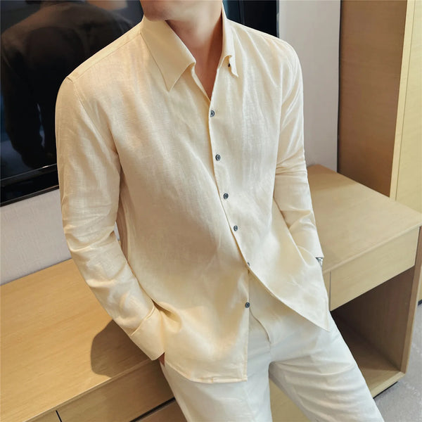 Men's 100% Linen Long-Sleeve Shirt – Old Money Style Lightweight Breathable Business Casual White Button