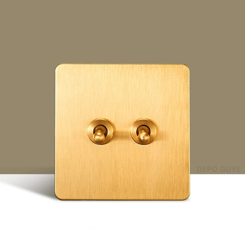 Retro Wall Light Toggle Switch Dual EU FR Socket Gold Stainless Steel Brushed Panel  Vintage Brass Lever For Home Improvement
