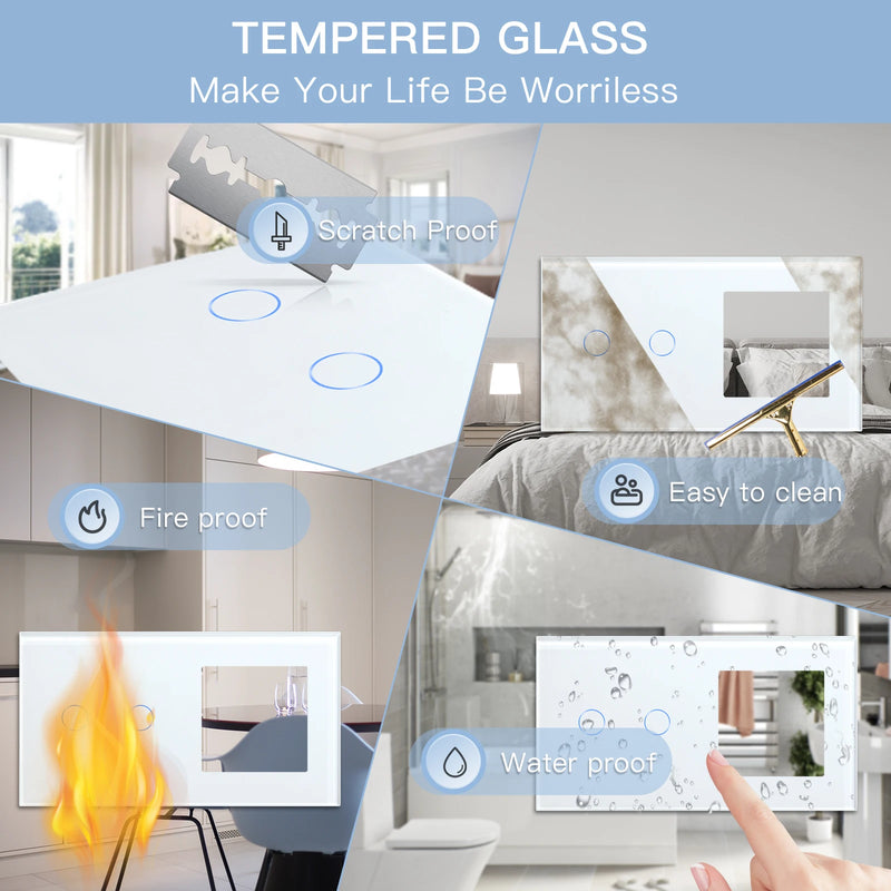 BSEED Wall Electrical Socket With 1/2/3Gang 1Way Touch Light Switch USB Type-c Charge Power Outlet Glass Panel White Wall Switch