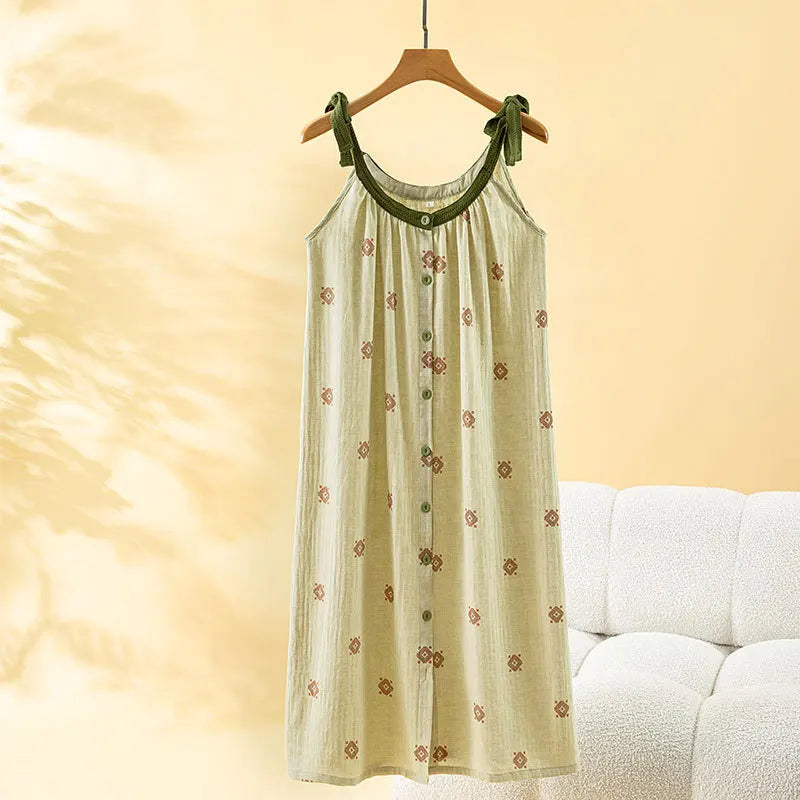 Retro Floral Women's Cotton Nightie Sleeveless Nightdress Nightgown Woman Night Clothes New Thin Summer Pajamas Dress Sleepwear
