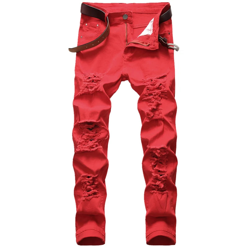 Men's White Straight Hole Destruction Jeans, Asian Size Distressed Red Denim Trousers,  Fashion Designer Brand Black Pants.