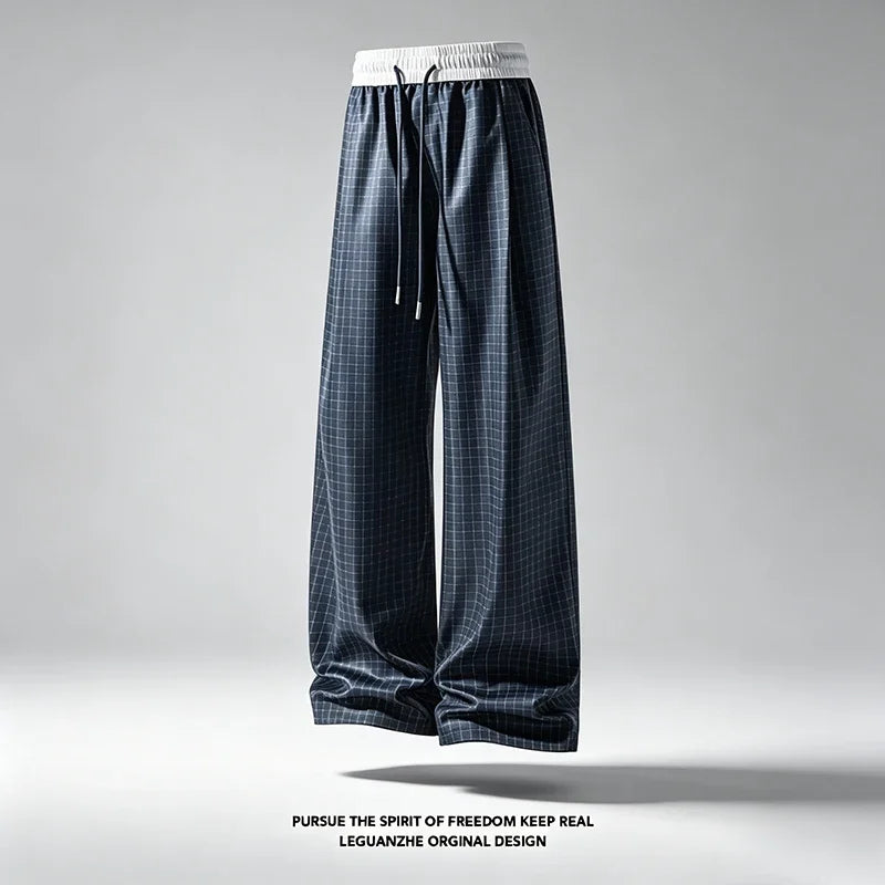 Men Plaid Pattern Loose Wide Leg Pants Elastic Waist Adjustable Drawstring Comfort Trousers For Male Daily Streetwear