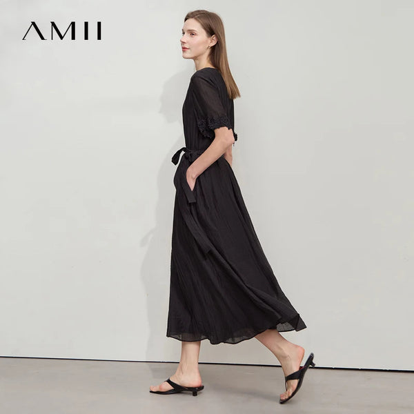 រ៉ូប Amii Minimalist ធម្មតាស្រាលប្រណីតសម្រាប់នារីរដូវក្តៅឆ្នាំ ២០២៥ រ៉ូបដៃអាវចរសម្រាប់នារីការិយាល័យថ្មី រ៉ូបវែងរលុង 12542160