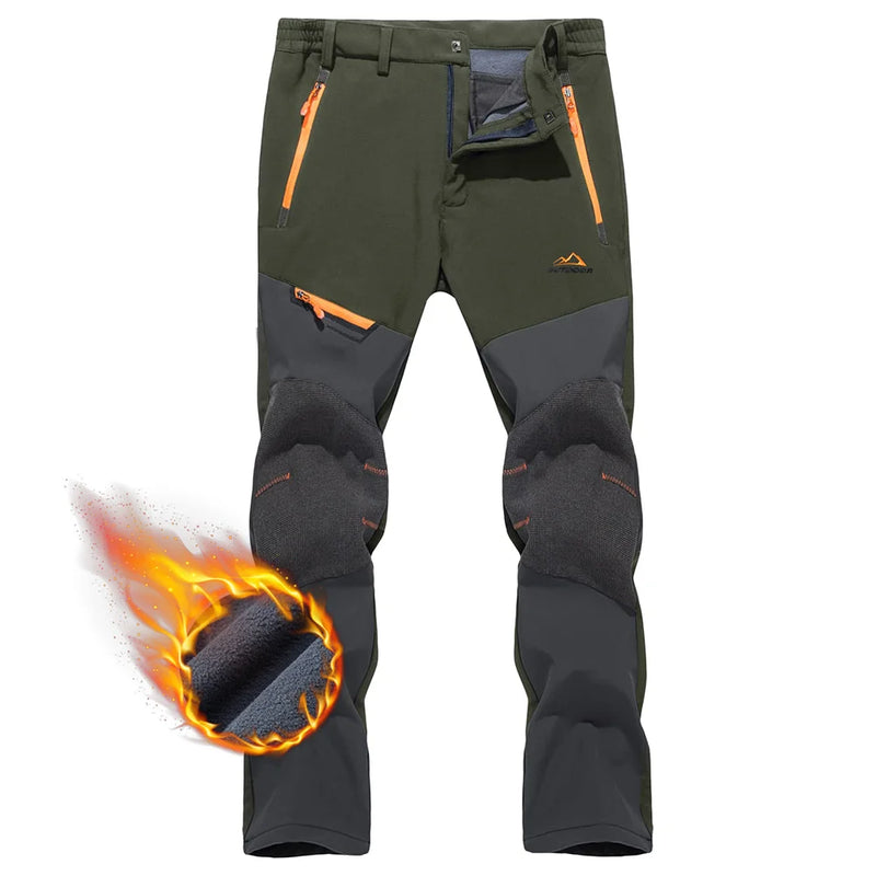 TACVASEN Winter Fleece Pants Mens Waterproof Camping Fishing Hiking Pants Zipper Pocket Reinforce Knee Casual Trousers Male