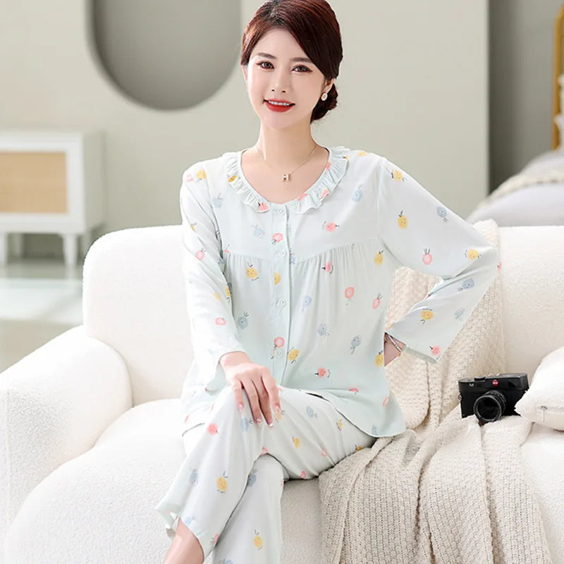 Women Spring Autumn Long Sleeve Pajamas Suit Middle Aged Mother's Home Clothes Female Outside Wear Sleepwear Two Piece Set