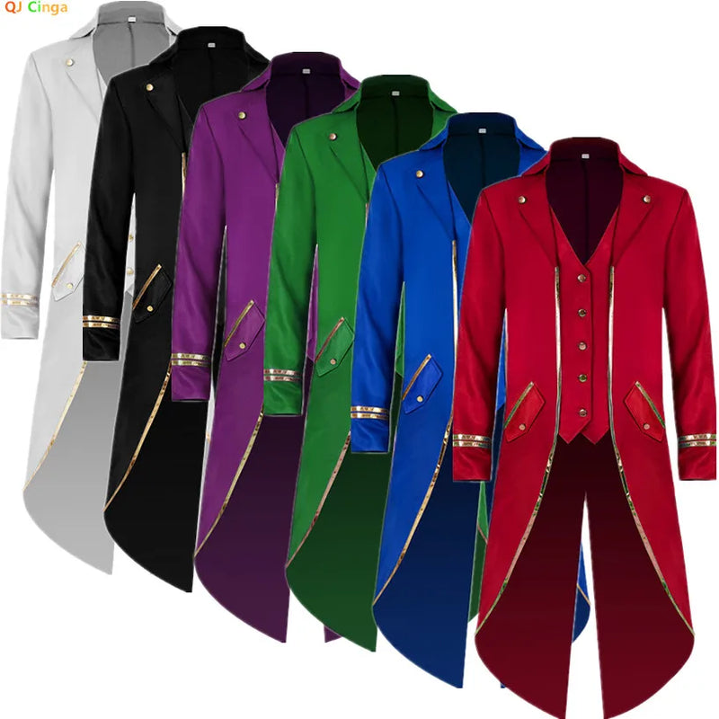 2026 Medieval Style Thin Men's Retro Mid-Length Punk Coat with Gold Trim Trench for Halloween Cosplay in Red Green Purple Jacket