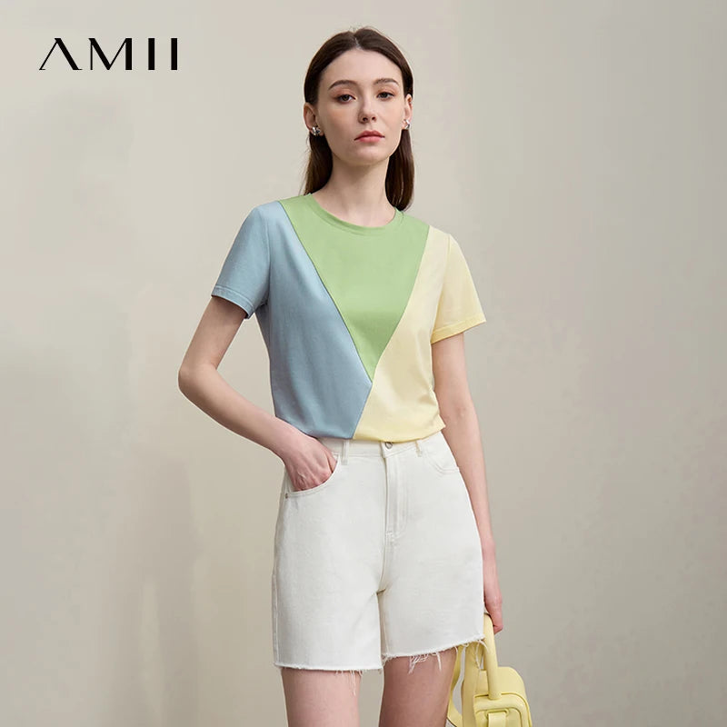 អាវយឺត Amii O-Neck សម្រាប់នារី រដូវក្តៅ ឆ្នាំ២០២៦ អាវយឺតកប្បាសថ្មី លាតសន្ធឹង ប្លុកពណ៌ អាវដៃខ្លី ធម្មតា ងាយស្រួលប្រើ 12622177
