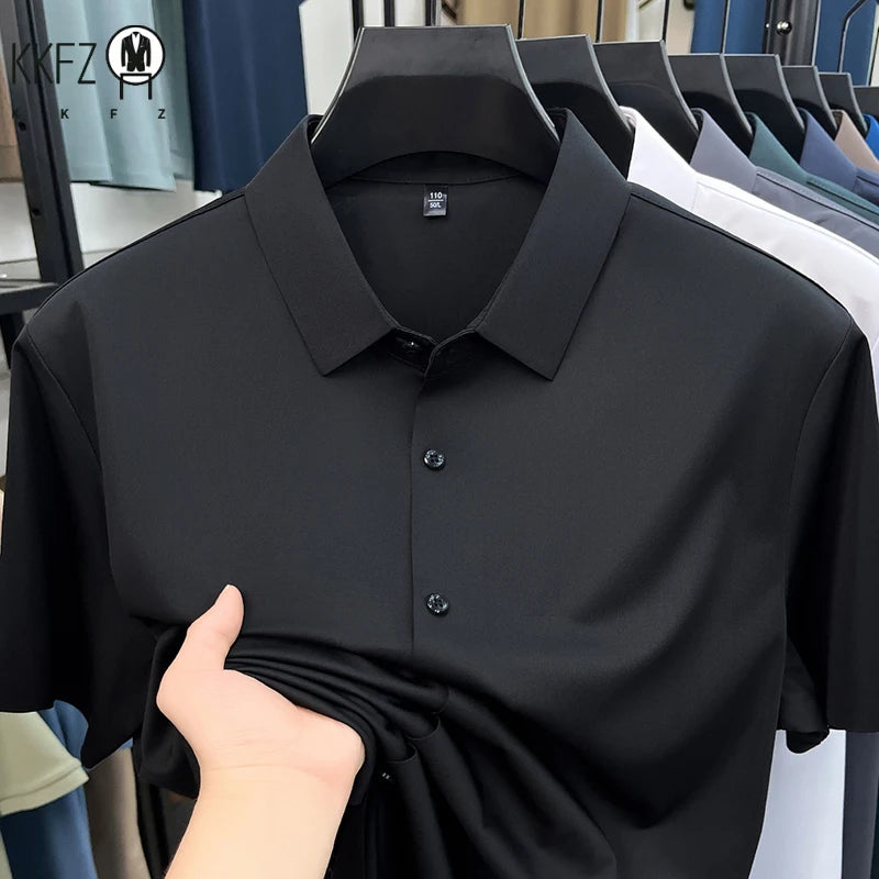 Mens Casual Short Sleeve Button Down Shirt Ice Silk Lightweight Breathable Wrinkle Resistant Summer Top