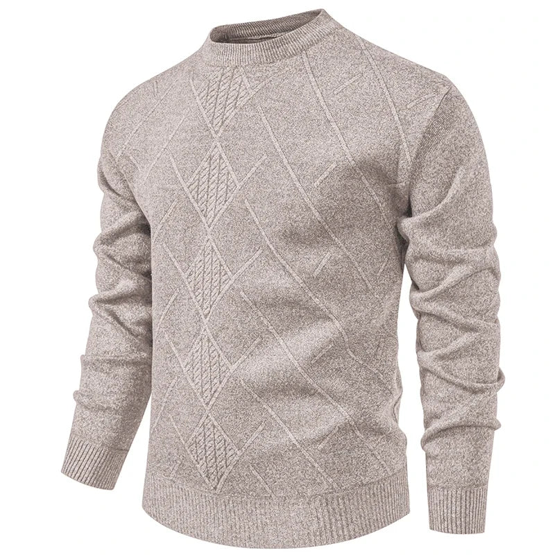 Semi Formal Male Winter Sweater Thick Fleece Lining Geometric Diamond Woven Pattern Crew Neck Long Sleeve Top