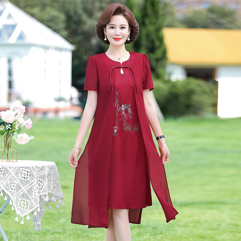 រ៉ូបប៉ាក់ chiffon ម៉ូដរដូវក្តៅសម្រាប់ស្ត្រីអាយុ ៤០ ឆ្នាំ និង ៥០ ឆ្នាំ រចនាប័ទ្មរដូវក្តៅ សំពត់ពោះថ្លៃថ្នូរបែប Retro