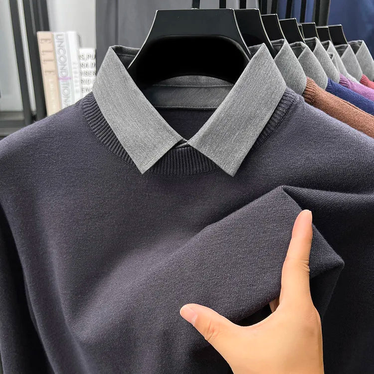 Men's Grey Faux Two-Layer Knit Sweater, Button-Down Shirt Collar with Soft Wool Blend Fabric, Smart Business Autumn Casual Wear
