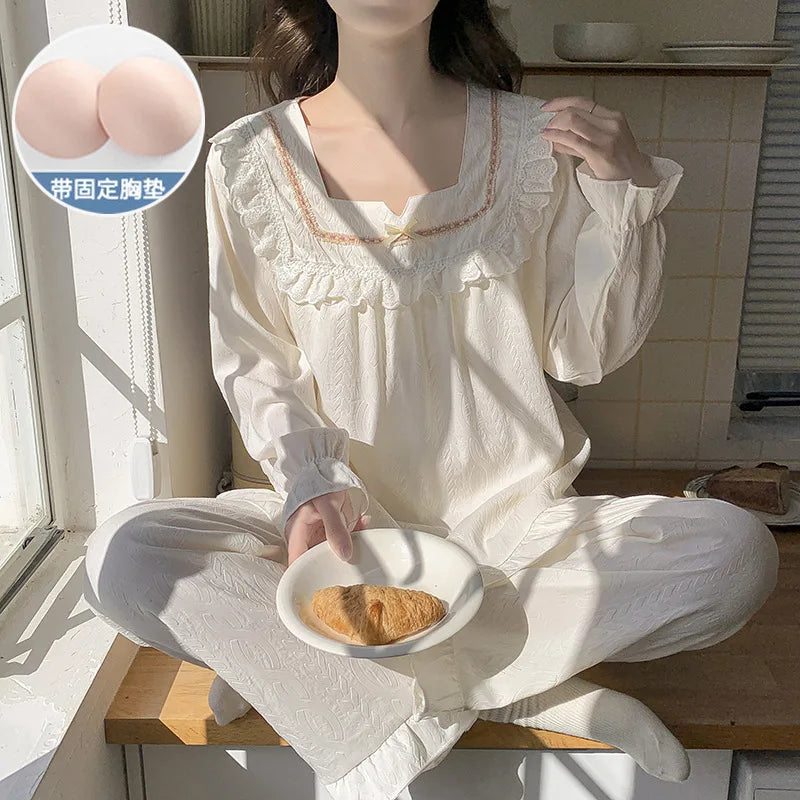 Pajama Woman Winter Sleepwear Set New Casual Chest Pad Long Sleeve Top Pant Suit Spring Autumn Cotton Women's Home Clothes