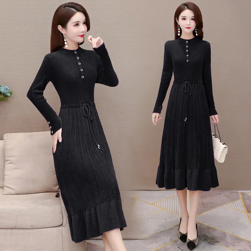 រ៉ូបវែងមធ្យមធ្វើពីរោមចៀម Mink Cashmere ថ្មី ទន់ ក្តៅ ពាក់ជាមូលដ្ឋាន អាវយឺតស្តើងសម្រាប់ស្ត្រី រដូវស្លឹកឈើជ្រុះ រដូវរងា សម្លៀកបំពាក់ប៉ាក់ អាវក្រៅស្ត្រី