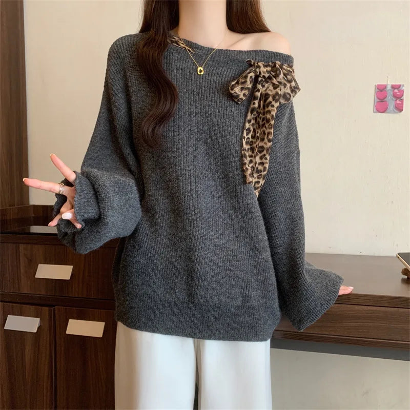 Sweater Female Korean Leopard Print Autumn Winter Soft  Lace-up Off-shoulder Lazy Wind Knitted Top Pullover Jumper Women