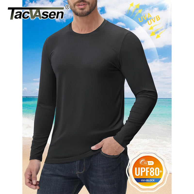 TACVASEN UPF 80+ UV Protection T-Shirts Men's Long Sleeve O-Neck Solid Tee Spring Summer Quick Dry Hiking Outdoors Pullover Tops